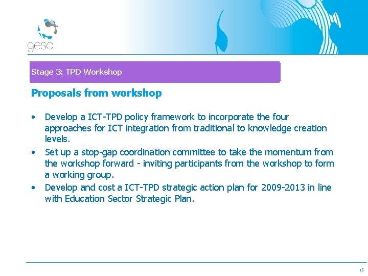 Stage 3: TPD Workshop Proposals from workshop • • • Develop a ICT-TPD policy