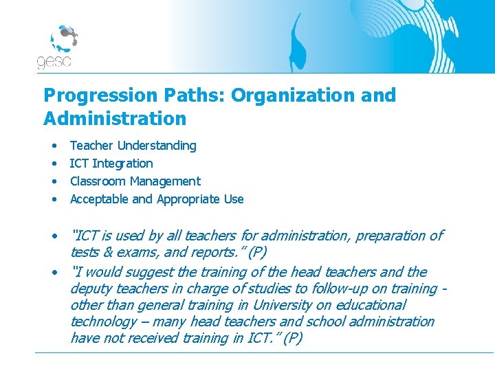 Progression Paths: Organization and Administration • • Teacher Understanding ICT Integration Classroom Management Acceptable
