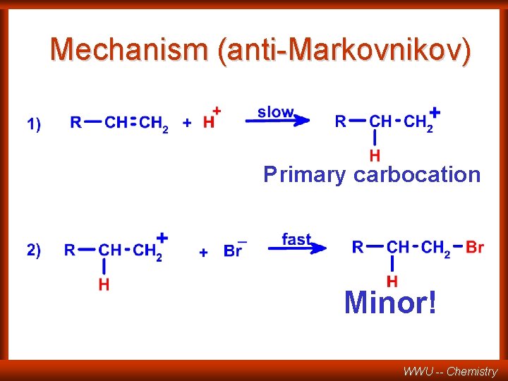 Mechanism (anti-Markovnikov) Primary carbocation Minor! WWU -- Chemistry 