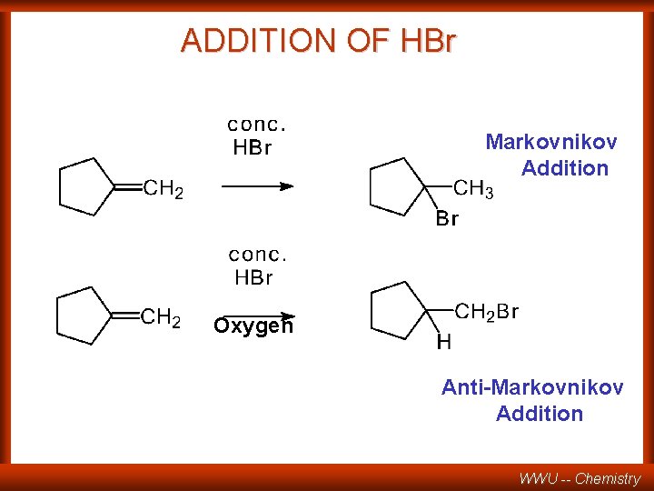 ADDITION OF HBr Markovnikov Addition Oxygen Anti-Markovnikov Addition WWU -- Chemistry 