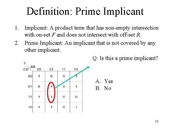 Definition: Prime Implicant 1. Implicant: A product term that has non-empty intersection with on-set