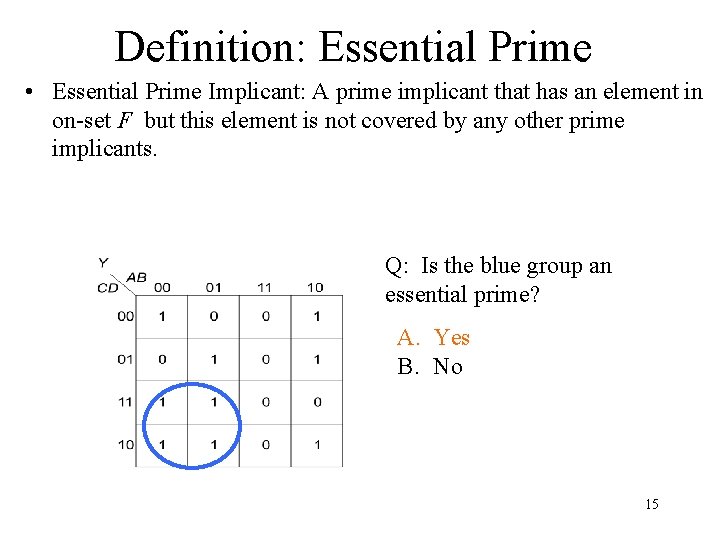 Definition: Essential Prime • Essential Prime Implicant: A prime implicant that has an element
