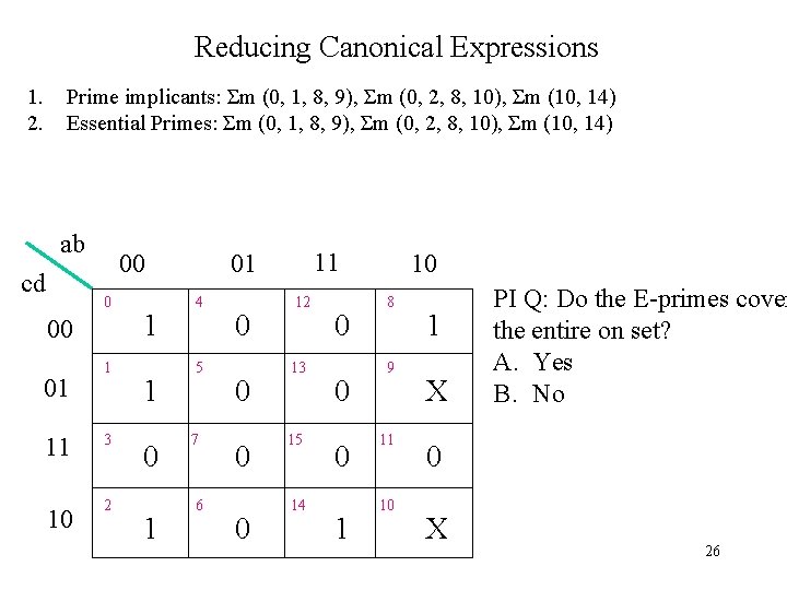 Reducing Canonical Expressions 1. 2. Prime implicants: Σm (0, 1, 8, 9), Σm (0,