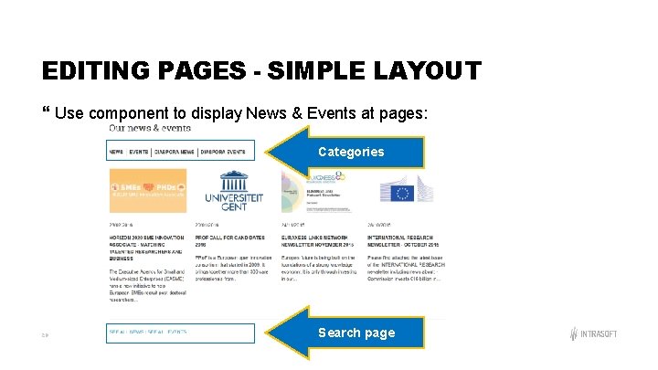 EDITING PAGES - SIMPLE LAYOUT Use component to display News & Events at pages: