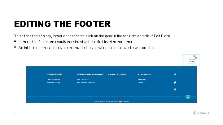 EDITING THE FOOTER To edit the footer block, hover on the footer, click on