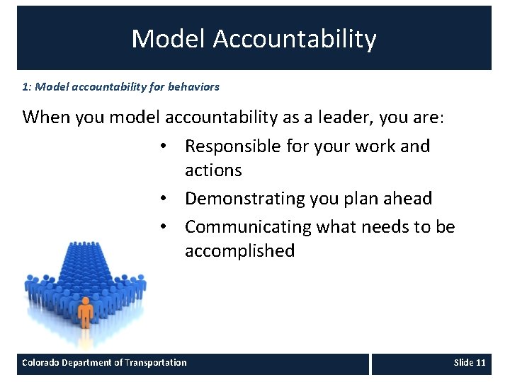 Model Accountability 1: Model accountability for behaviors When you model accountability as a leader,