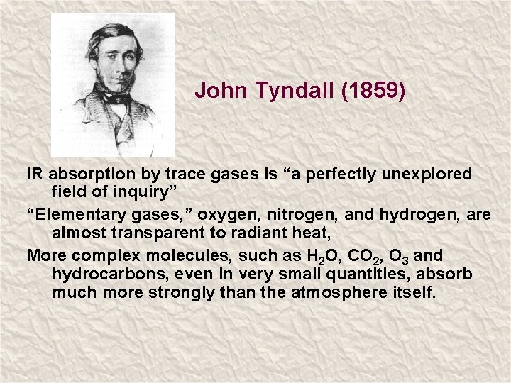 John Tyndall (1859) IR absorption by trace gases is “a perfectly unexplored field of