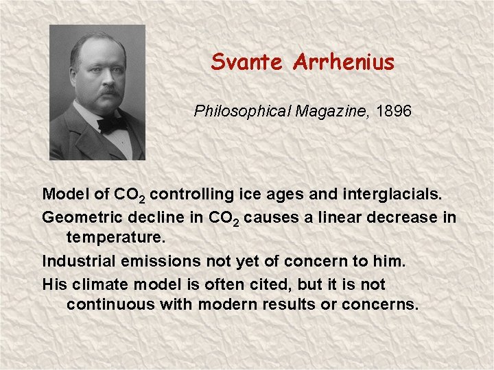 Svante Arrhenius Philosophical Magazine, 1896 Model of CO 2 controlling ice ages and interglacials.