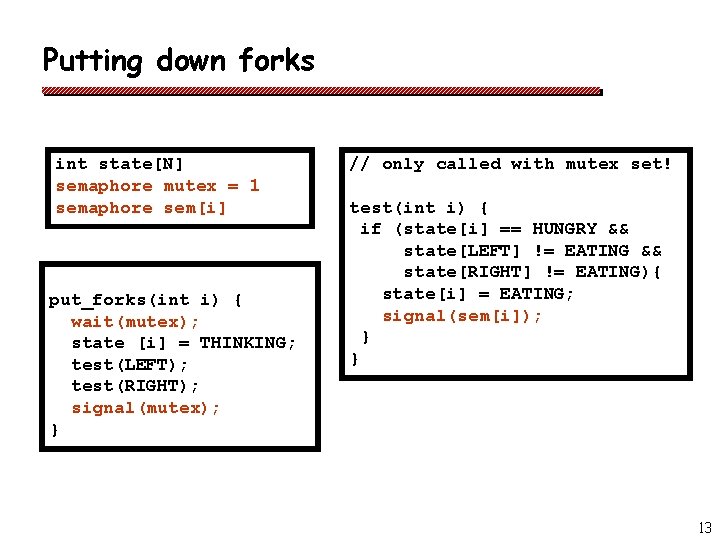 Putting down forks int state[N] semaphore mutex = 1 semaphore sem[i] put_forks(int i) {