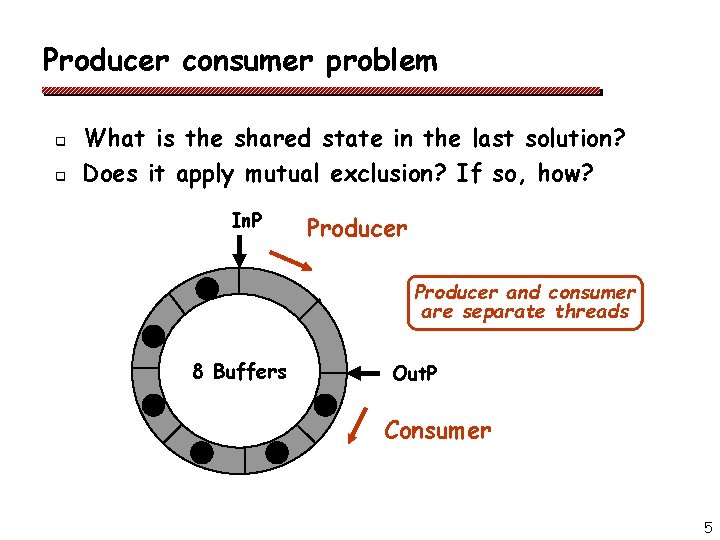 Producer consumer problem q q What is the shared state in the last solution?