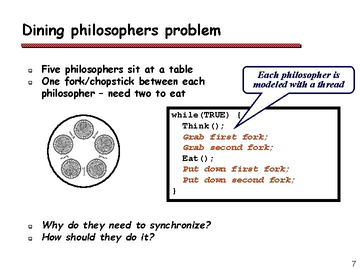 Dining philosophers problem q q Five philosophers sit at a table One fork/chopstick between