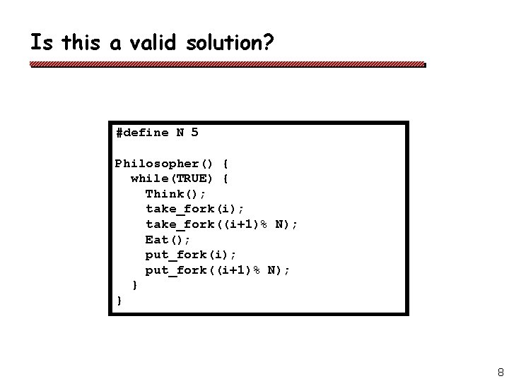 Is this a valid solution? #define N 5 Philosopher() { while(TRUE) { Think(); take_fork(i);