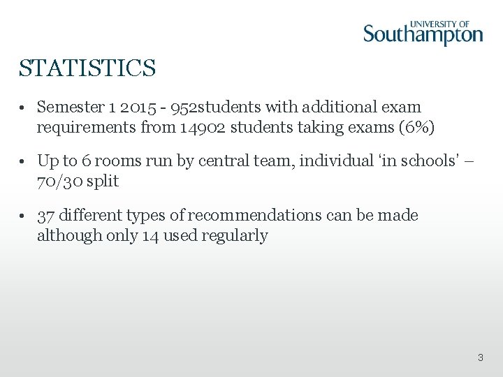 STATISTICS • Semester 1 2015 - 952 students with additional exam requirements from 14902