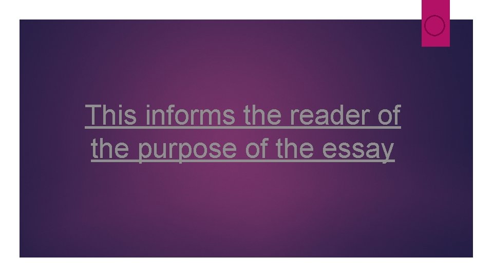 This informs the reader of the purpose of the essay This informs the reader of the purpose of the essay
