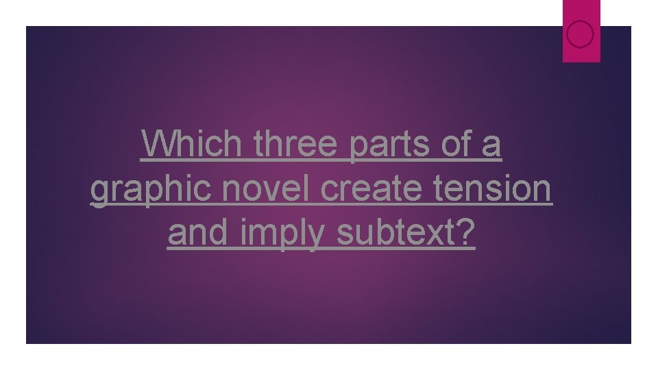 Which three parts of a graphic novel create tension and imply subtext? Which three parts of a graphic novel create tension and imply subtext?
