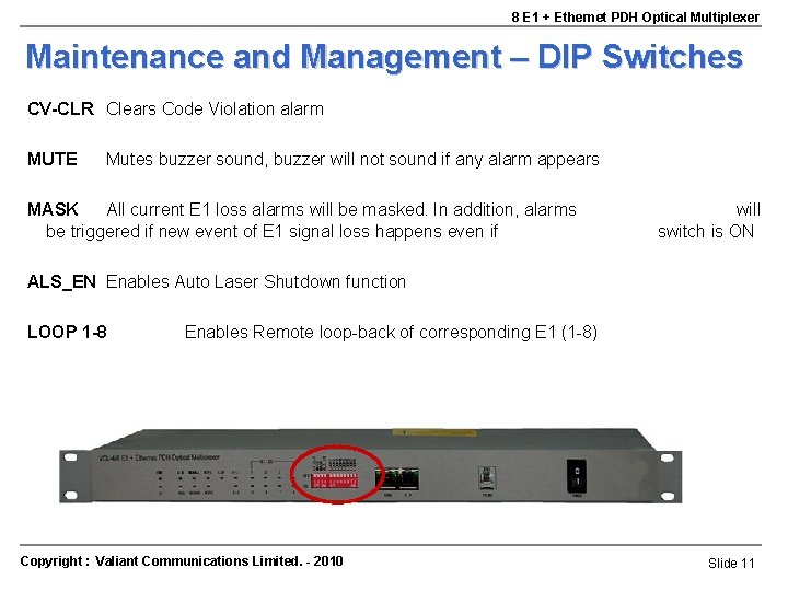 8 E 1 + Ethernet PDH Optical Multiplexer Maintenance and Management – DIP Switches 8 E 1 + Ethernet PDH Optical Multiplexer Maintenance and Management – DIP Switches