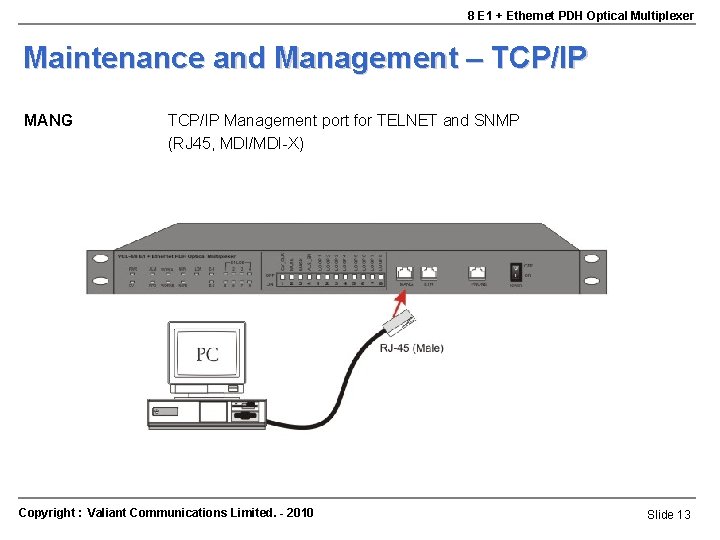 8 E 1 + Ethernet PDH Optical Multiplexer Maintenance and Management – TCP/IP MANG 8 E 1 + Ethernet PDH Optical Multiplexer Maintenance and Management – TCP/IP MANG