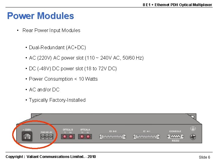 8 E 1 + Ethernet PDH Optical Multiplexer Power Modules • Rear Power Input 8 E 1 + Ethernet PDH Optical Multiplexer Power Modules • Rear Power Input
