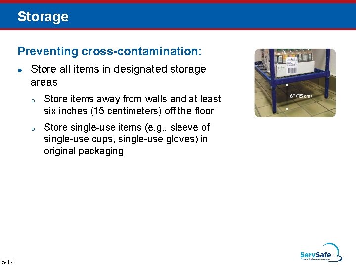 Storage Preventing cross-contamination: ● 5 -19 Store all items in designated storage areas o