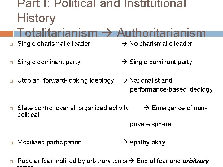 Part I: Political and Institutional History Totalitarianism Authoritarianism Single charismatic leader No charismatic leader