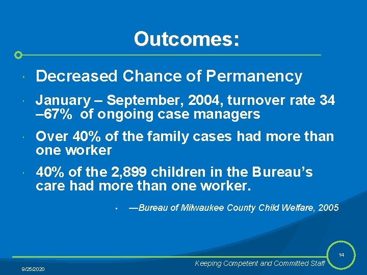 Outcomes: Decreased Chance of Permanency January – September, 2004, turnover rate 34 – 67%