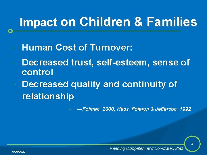 Impact on Children & Families Human Cost of Turnover: Decreased trust, self-esteem, sense of