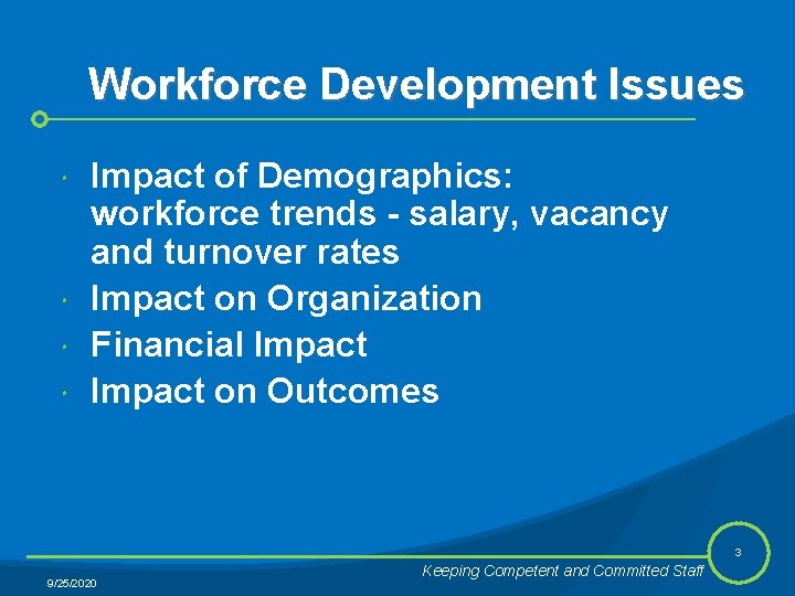 Workforce Development Issues Impact of Demographics: workforce trends - salary, vacancy and turnover rates