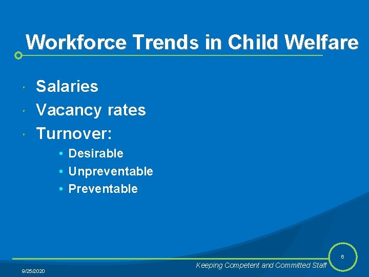 Workforce Trends in Child Welfare Salaries Vacancy rates Turnover: • Desirable • Unpreventable •