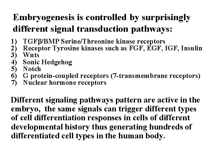 Embryogenesis is controlled by surprisingly different signal transduction pathways: 1) 2) 3) 4) 5)