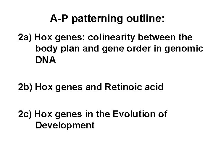 A-P patterning outline: 2 a) Hox genes: colinearity between the body plan and gene