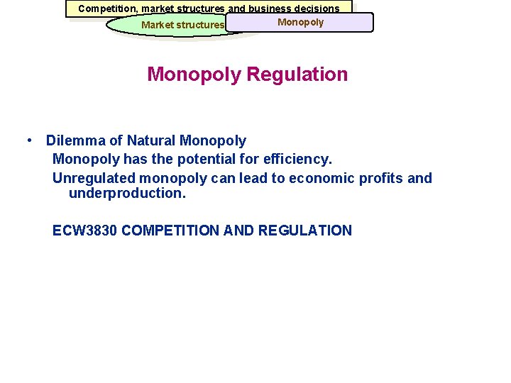 Competition, market structures and business decisions Monopoly Market structures Monopoly Regulation • Dilemma of