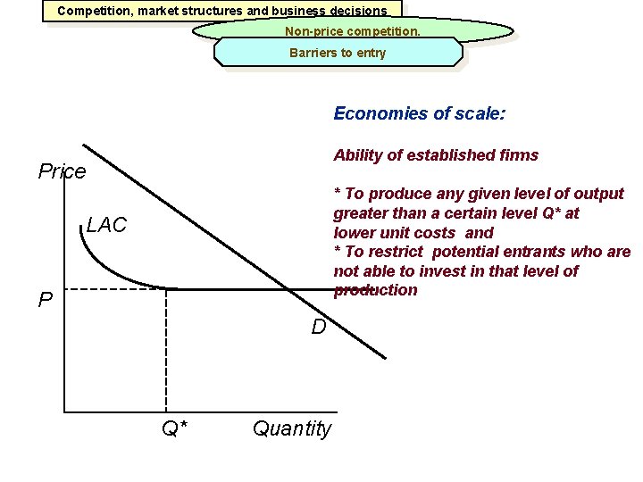 Competition, market structures and business decisions Non-price competition. Barriers to entry Economies of scale: