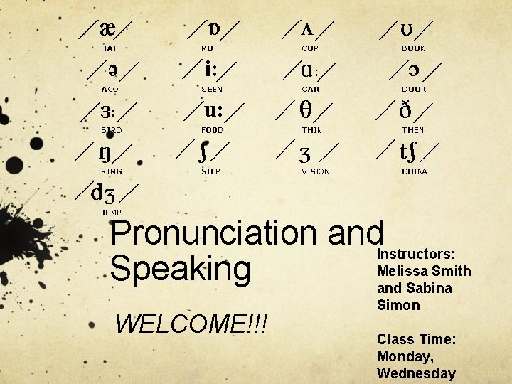 Pronunciation and. Instructors: Melissa Smith Speaking and Sabina WELCOME!!! Simon Class Time: Monday, Wednesday