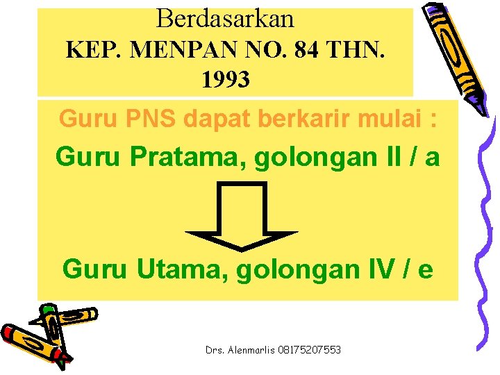 Berdasarkan KEP. MENPAN NO. 84 THN. 1993 Guru PNS dapat berkarir mulai : Guru