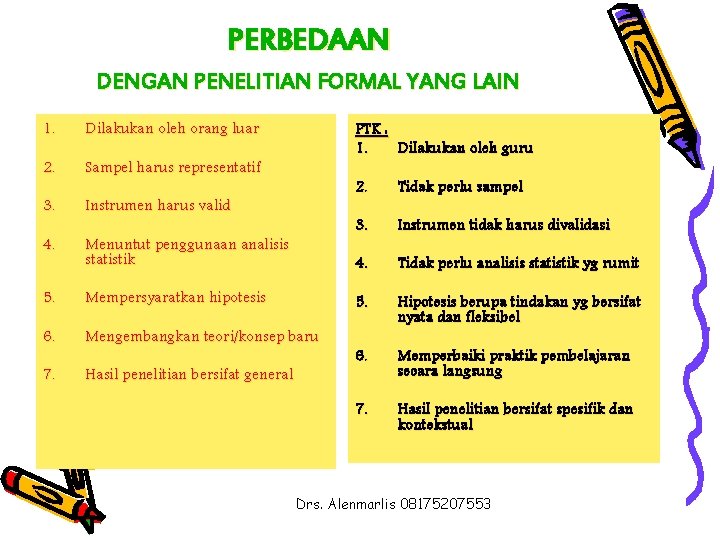 PERBEDAAN DENGAN PENELITIAN FORMAL YANG LAIN 1. Dilakukan oleh orang luar 2. Sampel harus