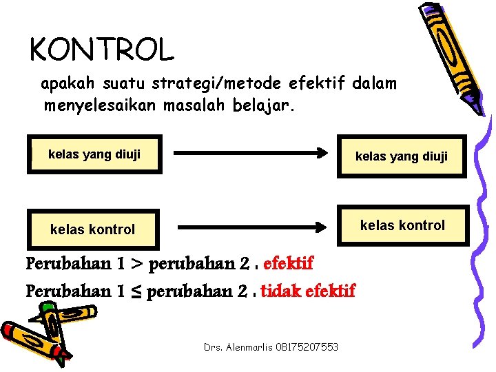 KONTROL apakah suatu strategi/metode efektif dalam menyelesaikan masalah belajar. 1 kelas yang diuji kelas