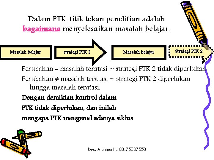 Dalam PTK, titik tekan penelitian adalah bagaimana menyelesaikan masalah belajar. Masalah belajar strategi PTK