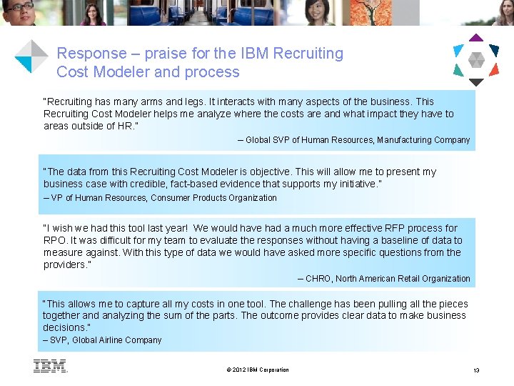 Response – praise for the IBM Recruiting Cost Modeler and process “Recruiting has many