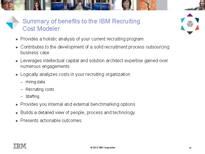 Summary of benefits to the IBM Recruiting Cost Modeler ► Provides a holistic analysis