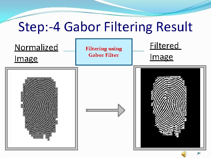 Step: -4 Gabor Filtering Result Normalized Image Filtering using Gabor Filtered Image 30 