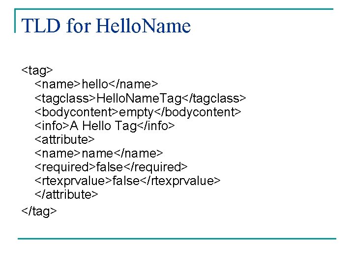 TLD for Hello. Name <tag> <name>hello</name> <tagclass>Hello. Name. Tag</tagclass> <bodycontent>empty</bodycontent> <info>A Hello Tag</info> <attribute>