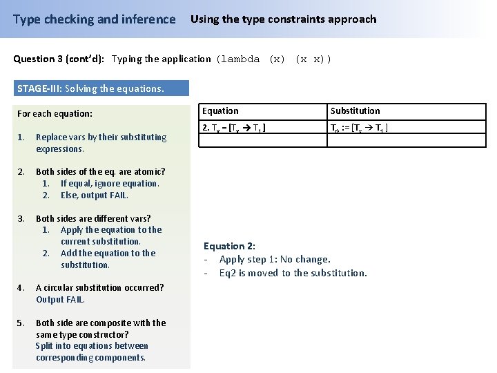 Type checking and inference Using the type constraints approach Question 3 (cont’d): Typing the