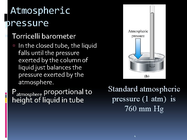 Atmospheric pressure Torricelli barometer In the closed tube, the liquid falls until the pressure