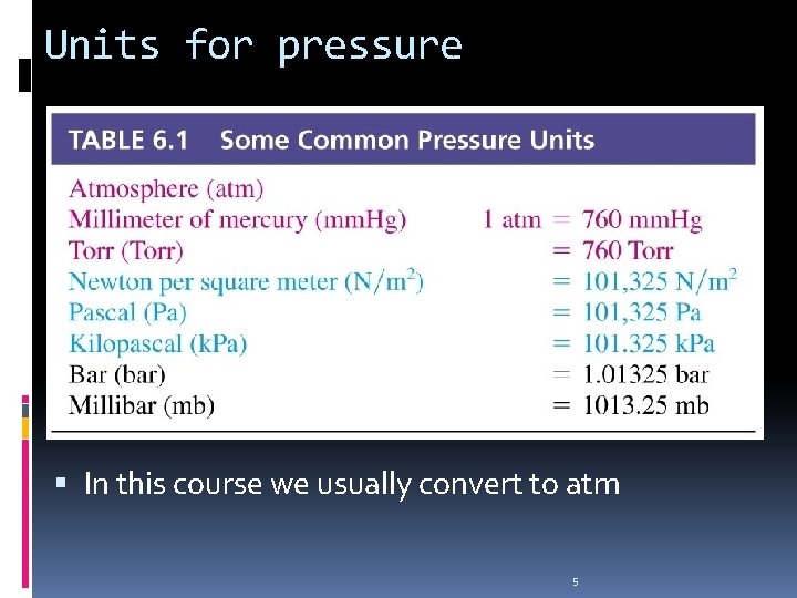 Units for pressure In this course we usually convert to atm 5 