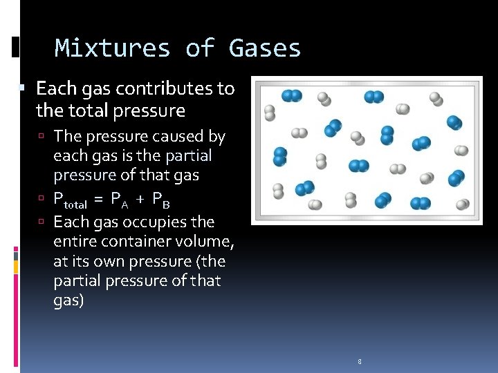 Mixtures of Gases Each gas contributes to the total pressure The pressure caused by