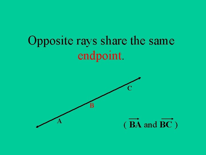 Opposite rays share the same endpoint. C B A ( BA and BC )