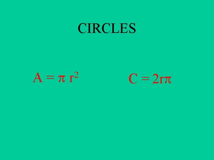 CIRCLES A= 2 r C = 2 r 
