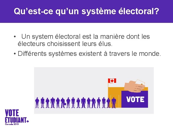 Qu’est-ce qu’un système électoral? • Un system électoral est la manière dont les électeurs