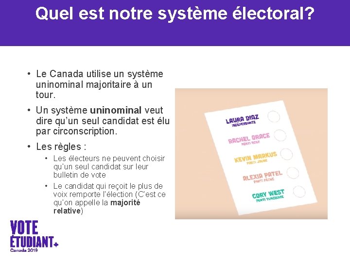 Quel est notre système électoral? • Le Canada utilise un système uninominal majoritaire à