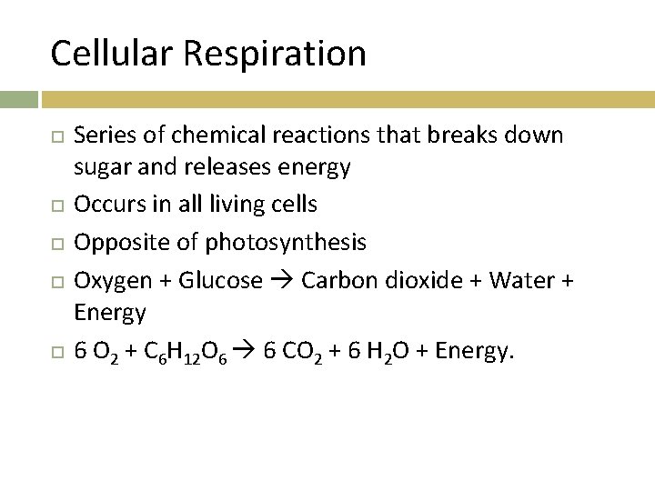 Cellular Respiration Series of chemical reactions that breaks down sugar and releases energy Occurs